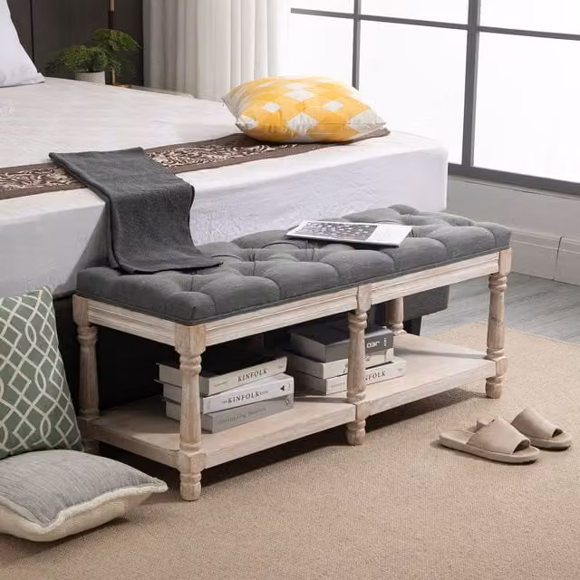 HOMCOM 2 Tier Upholstered Bed End Bench and Shoe Rack in Grey Fabric