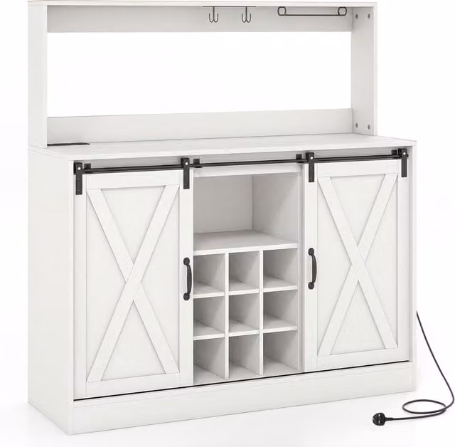 COSTWAY Rustic Farmhouse Coffee Bar Cabinet with Sliding Doors and Shelves, Brown and White, Width: 120 cm