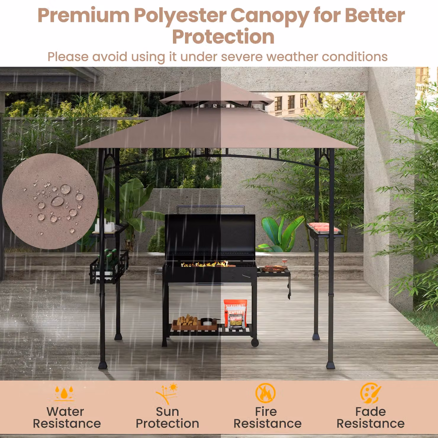 Gymax Outdoor BBQ Canopy Tent Gazebo with 2 Side Shelves, Brown, W: 242 cm, D: 153 cm, H: 250 cm – 5