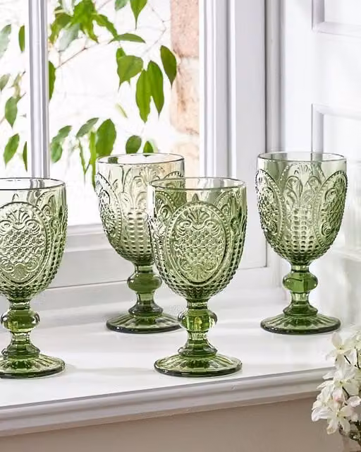 Dibor Set of 4 Green Vintage Luxury Wine Glasses, 310ml per glass