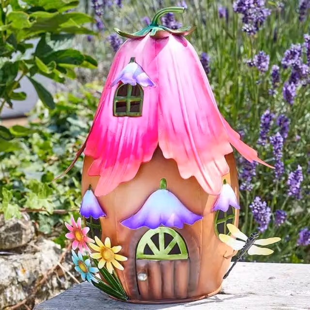 Garden Mile Pink and Purple Metal Garden Fairy House Tabletop Ornament