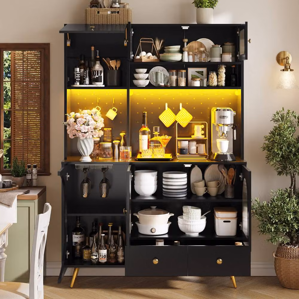 BTM Tall Kitchen Cabinet in Black with Glass Doors, LED Lighting and USB Ports, H 176 x W 61 x D 40 cm – 2