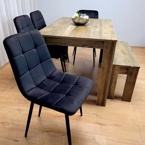 KOSY KOALA Modern Dining Set for 6 with Oak Effect Table, 4 Black Velvet Chairs and Wooden Bench, Brown and Black – 5
