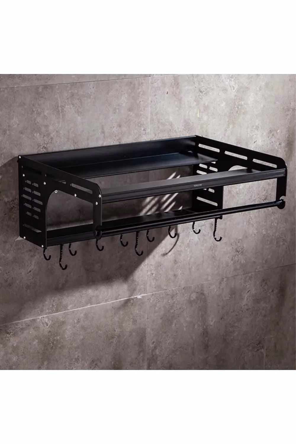Living and Home Black Metal Wall-Mounted Microwave Shelf with 10 Hooks, Width: 55 cm – 3