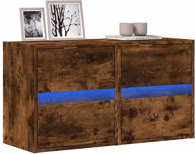 Berkfield Home Set of 2 Wall Mounted TV Cabinets with LED Lighting in Smoked Oak Brown, W/D/H: 41 x 31 x 45 cm – 1
