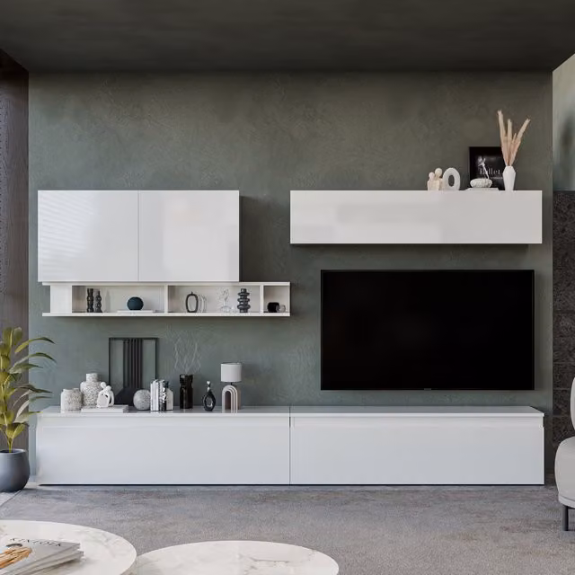 Decorotika Toronto Modern Wall Mounted Entertainment Center in High Gloss White and Walnut