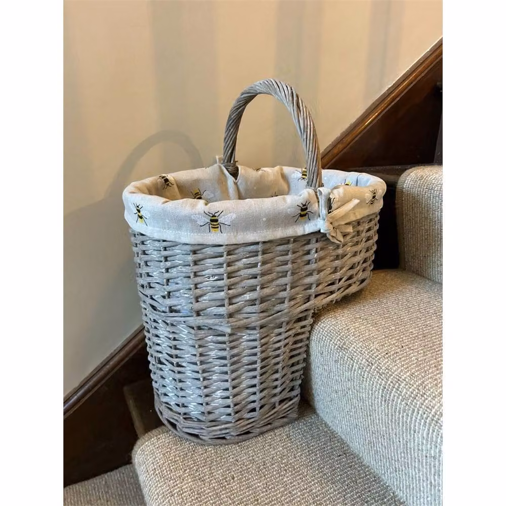 Havendro Grey Wash Wicker Stair Basket with Bee Bumblebee Liner and Handles – 3