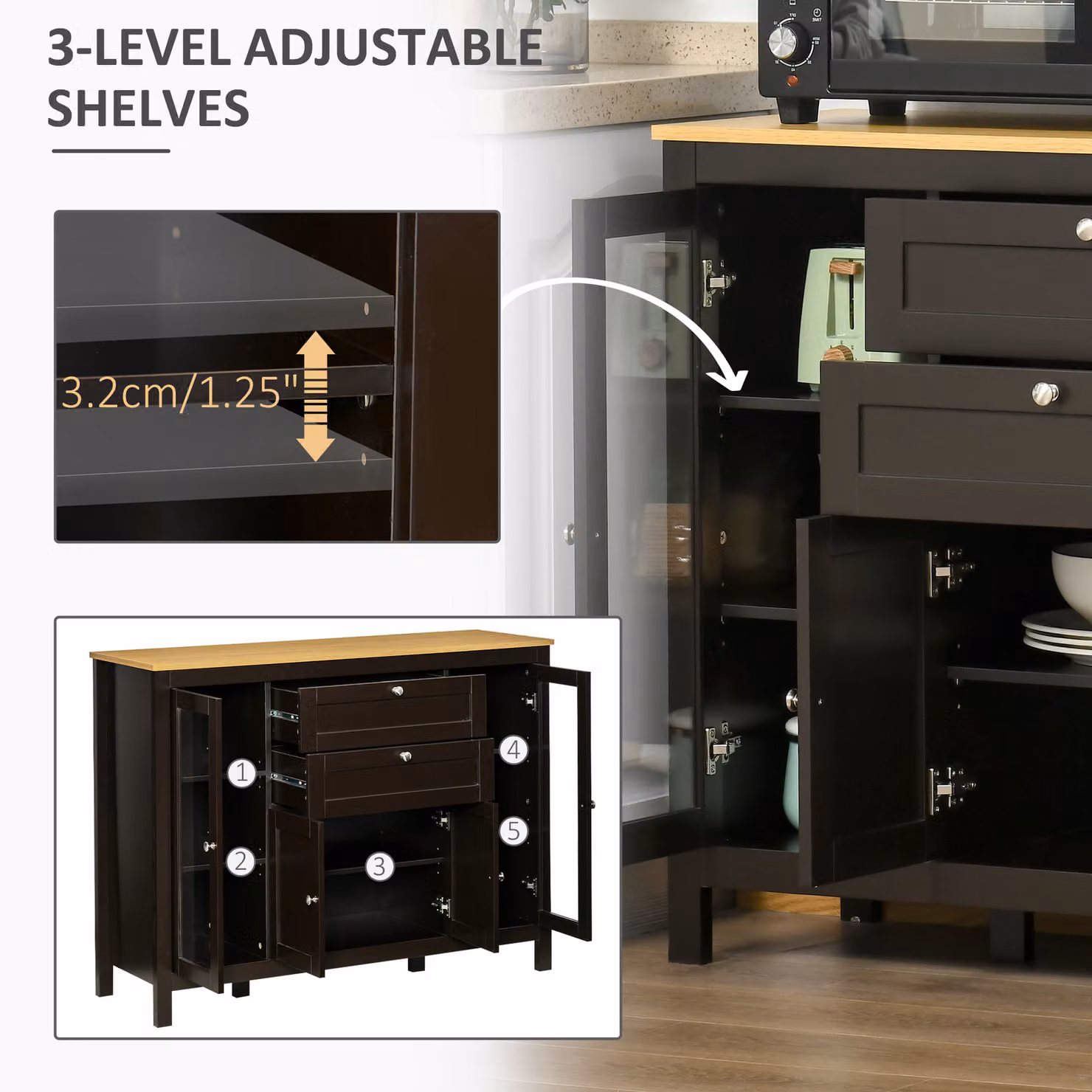 HOMCOM Modern Storage Cabinet Sideboard with Oak Top, 4 Doors, 2 Drawers and 5 Adjustable Shelves in Black Brown – 5