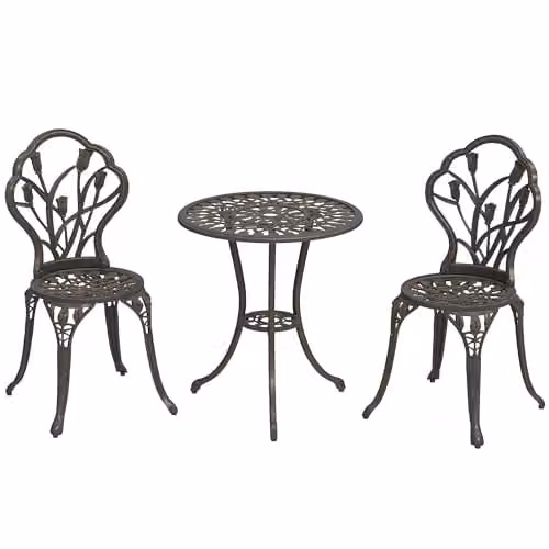 Outsunny 3 Piece Retro Metal Bistro Set in Matt Bronze for Garden, Balcony or Terrace