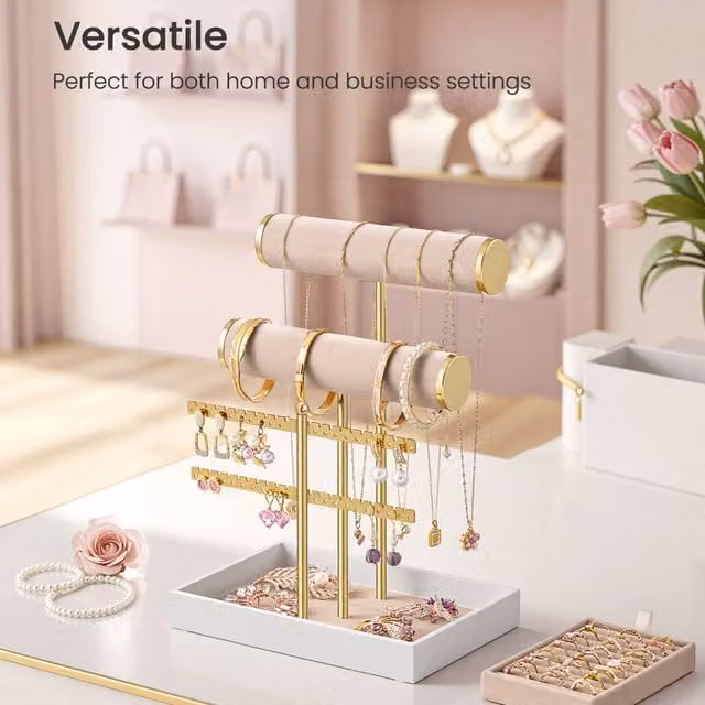 SONGMICS 2-Tier Jewellery Stand with Velvet Trays in Beige and Gold
