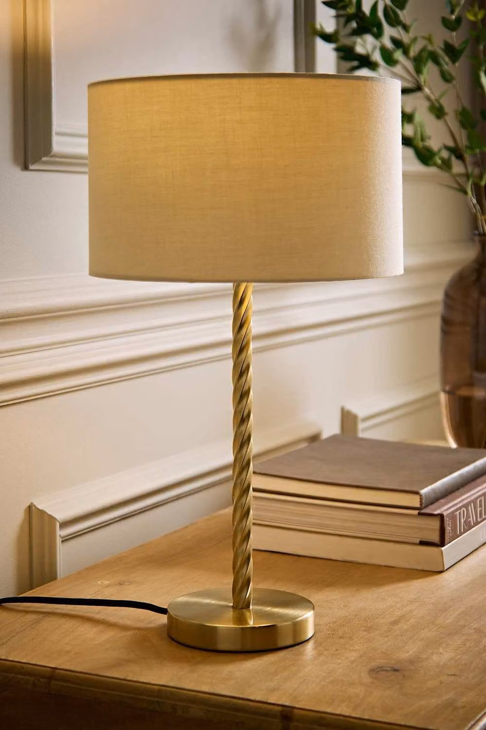ValueLights Maura Twisted Gold Metal Table Lamp with Beige Fabric Drum Shade and Bulb – 2