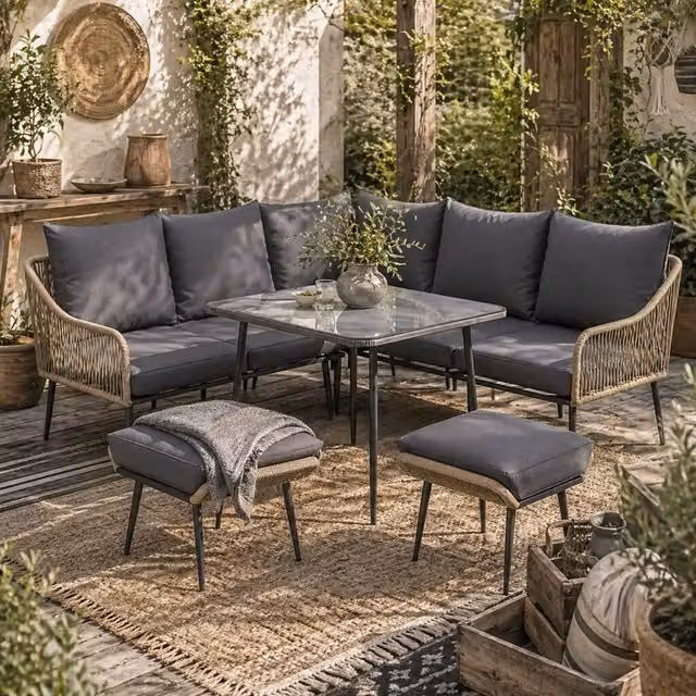Wyld Haus Nofise 6 Piece Rattan Style Garden Sofa Set with Coffee Table and 2 Stools in Light Brown