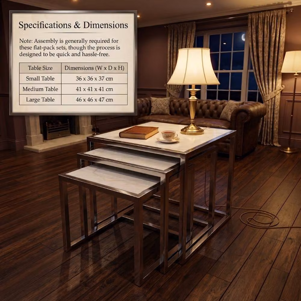 Home Luxe Interior Massa Silver Nest of 3 Modern Square Tables with White Marble Tops – 5