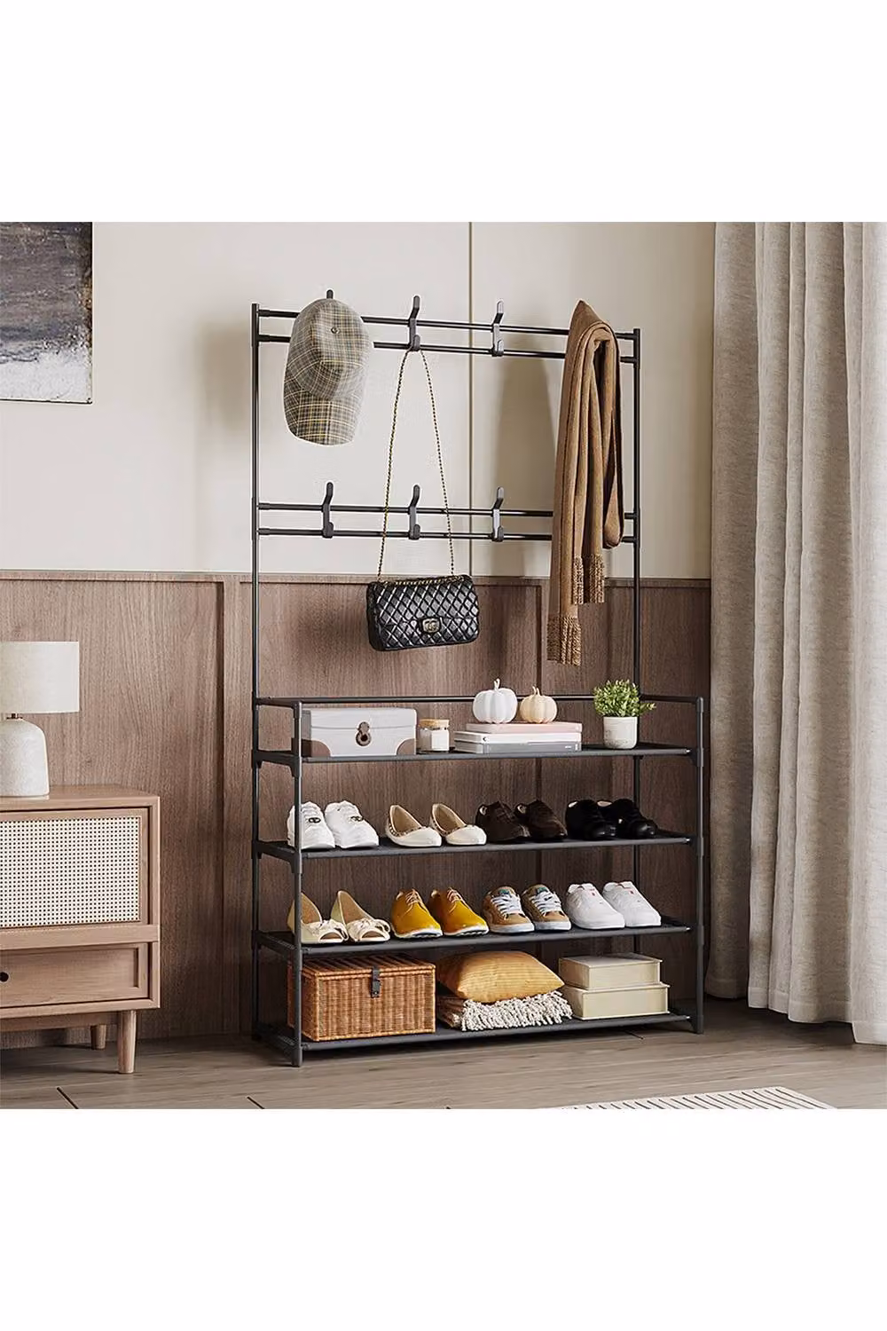 Living and Home Modern Metal Shoe Rack with Dual Hook and Rail Matrix in Matt Black – 2