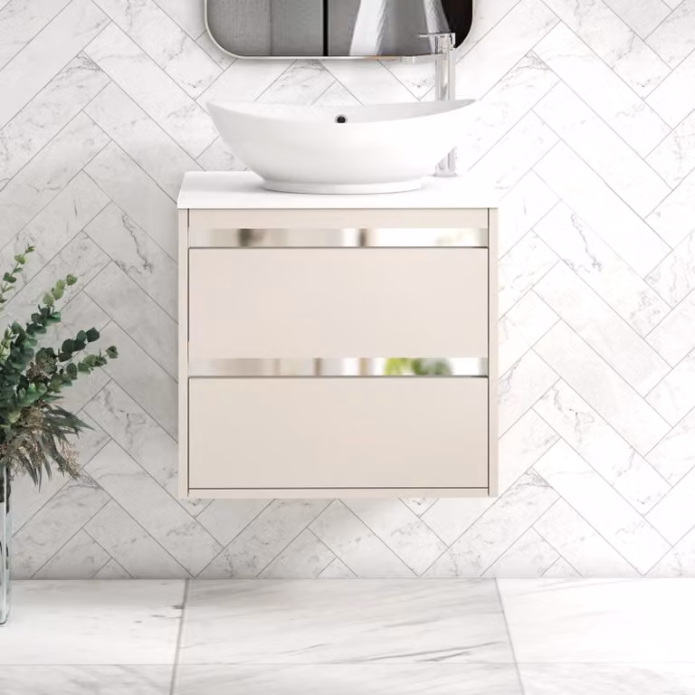 Royal Bathrooms Orion 600mm Warm Taupe Wall Hung 2 Drawer Vanity Unit with Amaze White Basin and Chrome Accent Trim
