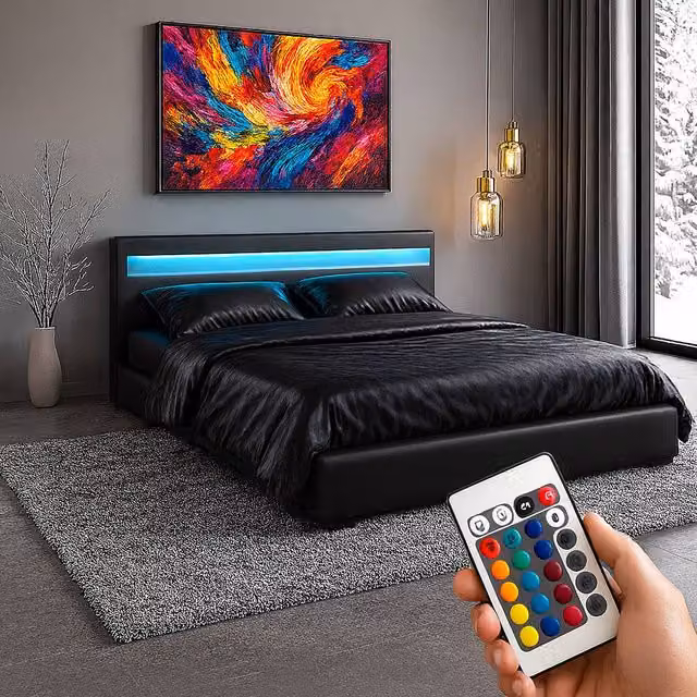 Harmin Black Faux Leather LED Upholstered Small Double Bed Frame, W/D/H: 120 x 200 cm – 1