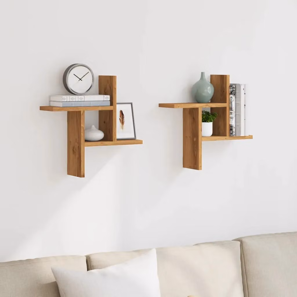 Berkfield Home Artisan Oak Wall Shelves, 2 Piece Set in Brown, W/D/H: 38 x 12 x 38 cm – 2
