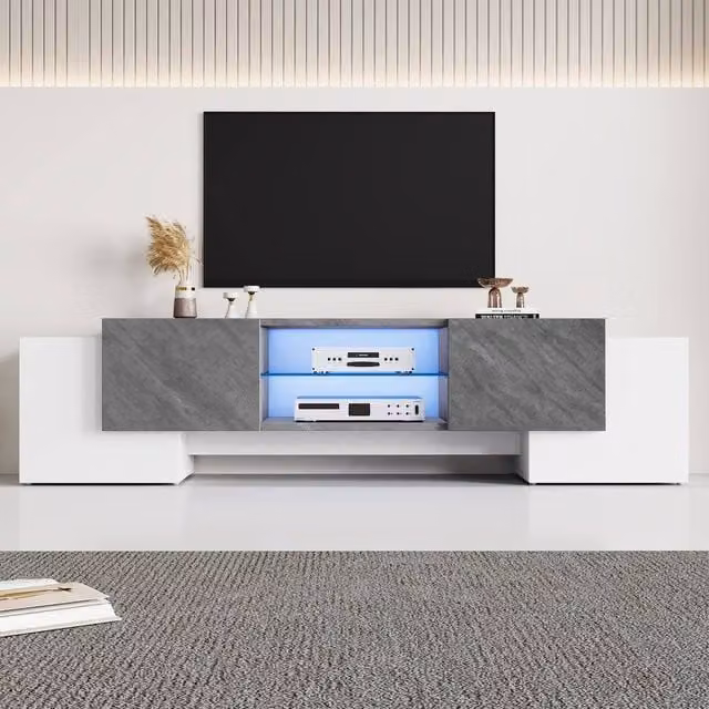 Merax Modern LED TV Stand in White and Grey with 4 Doors, Integrated Lighting and Adjustable Glass Shelves, W/D/H: 160 x 40 x 46.5 cm – 1