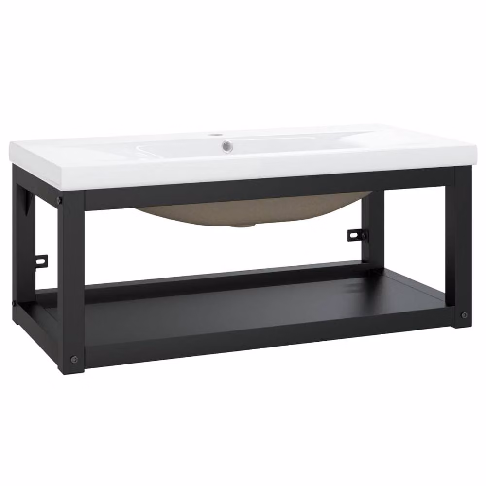 Berkfield Home Modern Bathroom Washbasin Frame with Built-in Ceramic Basin in Matt Black Metal – 2