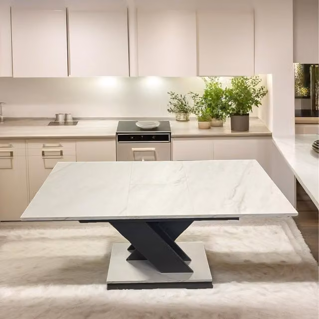 Furnold Modern Extendable Rectangular Dining Table with Butterfly Leaf in Grey and White Glossy Marble Effect, W/D/H: 160 x 80 x 75 cm