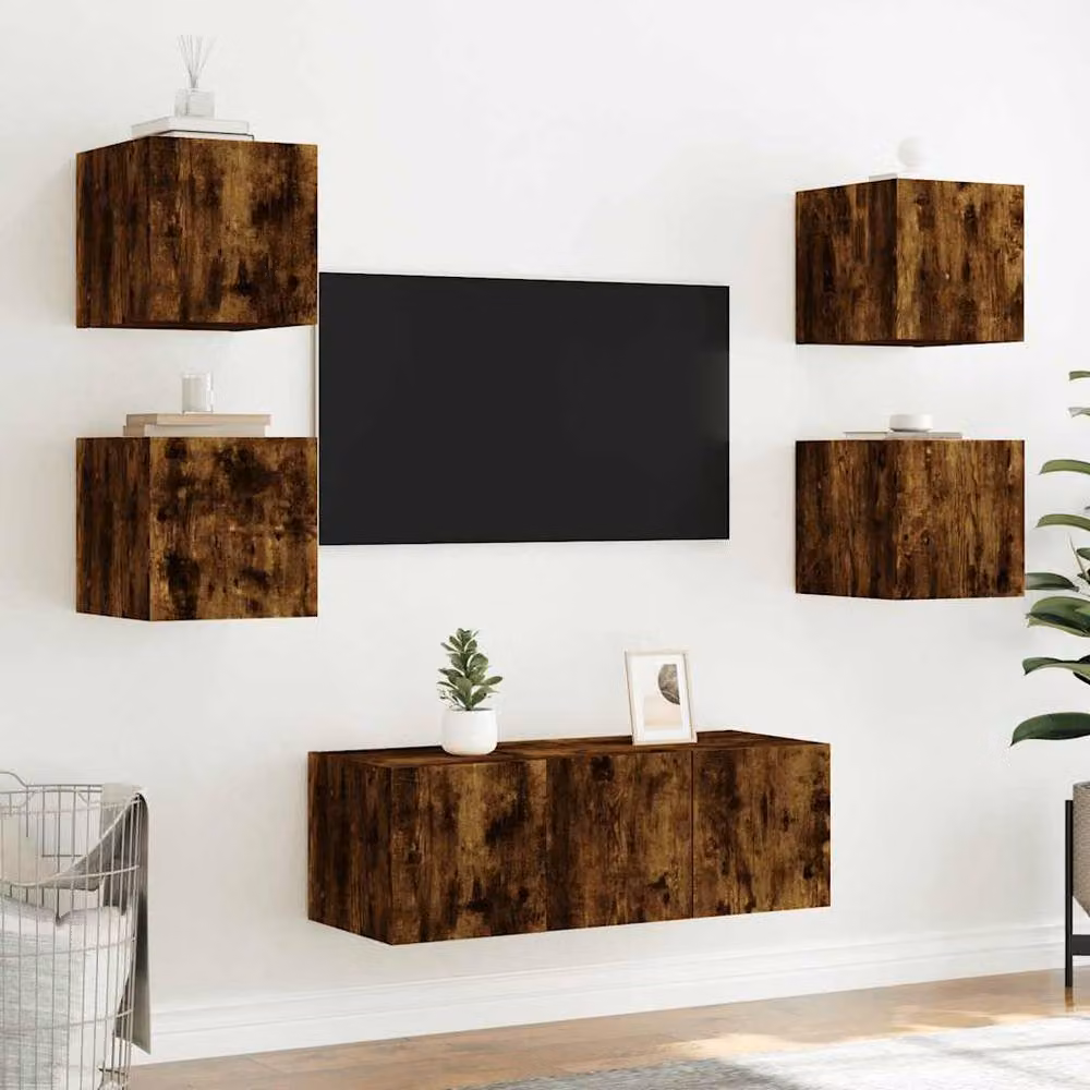 Berkfield Home TV Wall Cabinet with LED Lights in Smoked Oak Brown, W/D/H: 35.0 x 30.5 x 30.0 cm – 5