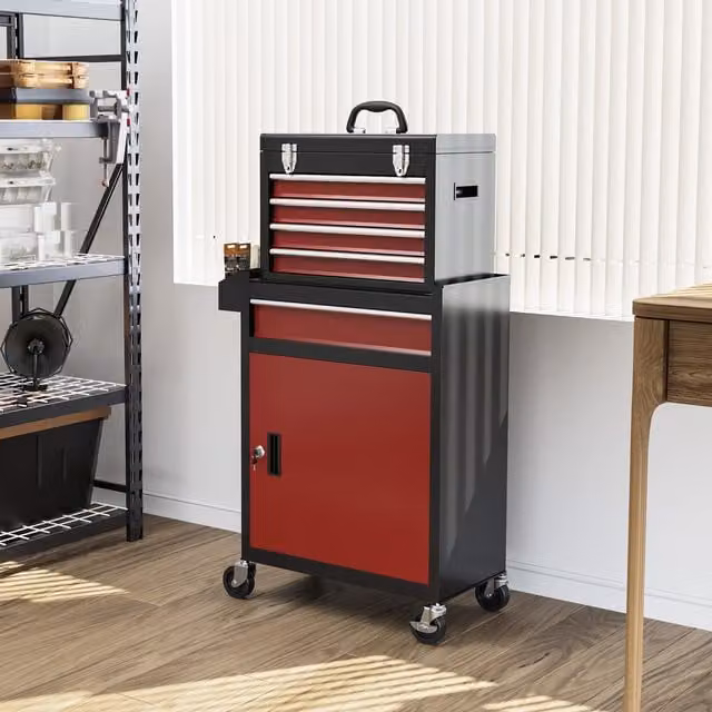 HOMCOM Steel Tool Cabinet on Wheels with 5 Drawers, Red