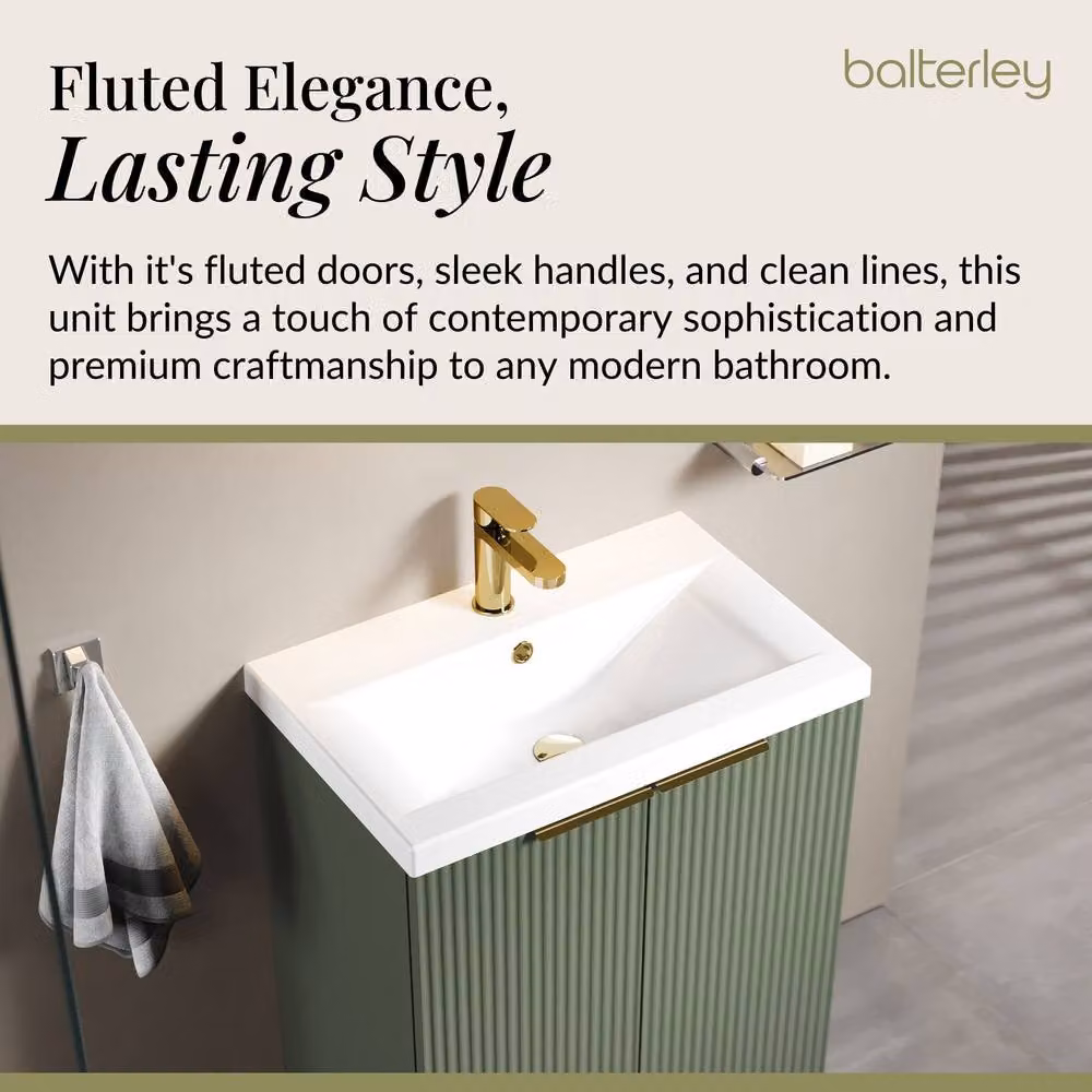 Balterley Satin Green Fluted Freestanding Floor Standing Bathroom Vanity with Brushed Brass Details, W: 60 cm, H: 85 cm – 3