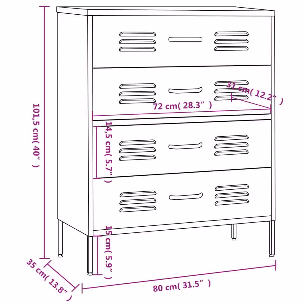 Berkfield Home Durable Metal Chest of Drawers in Black, W/D/H: 80 x 35 x 101.5 cm – 5