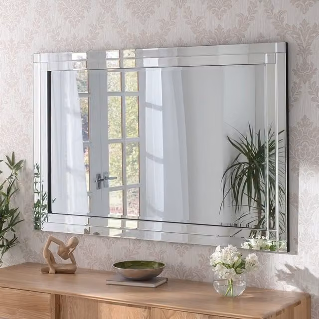 Yearn Art Deco Rectangular Double Bevelled Wall Mirror in Black and Silver, Width: 54 cm