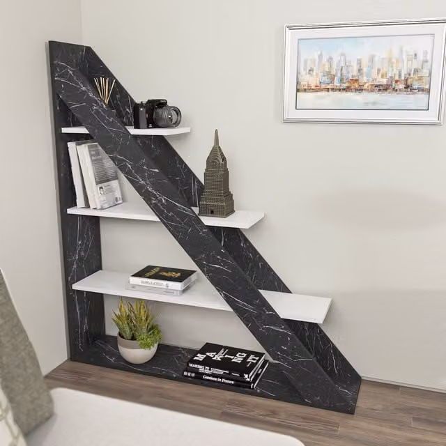 Decorotika Pisagor 4-Tier Corner Bookshelf in Black Marble Effect and White