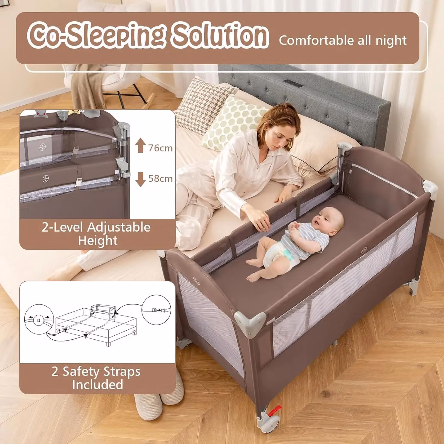 Gymax 5-in-1 Portable Bedside Crib, Folding Changing Table and Playpen with Wheels in Brown – 3