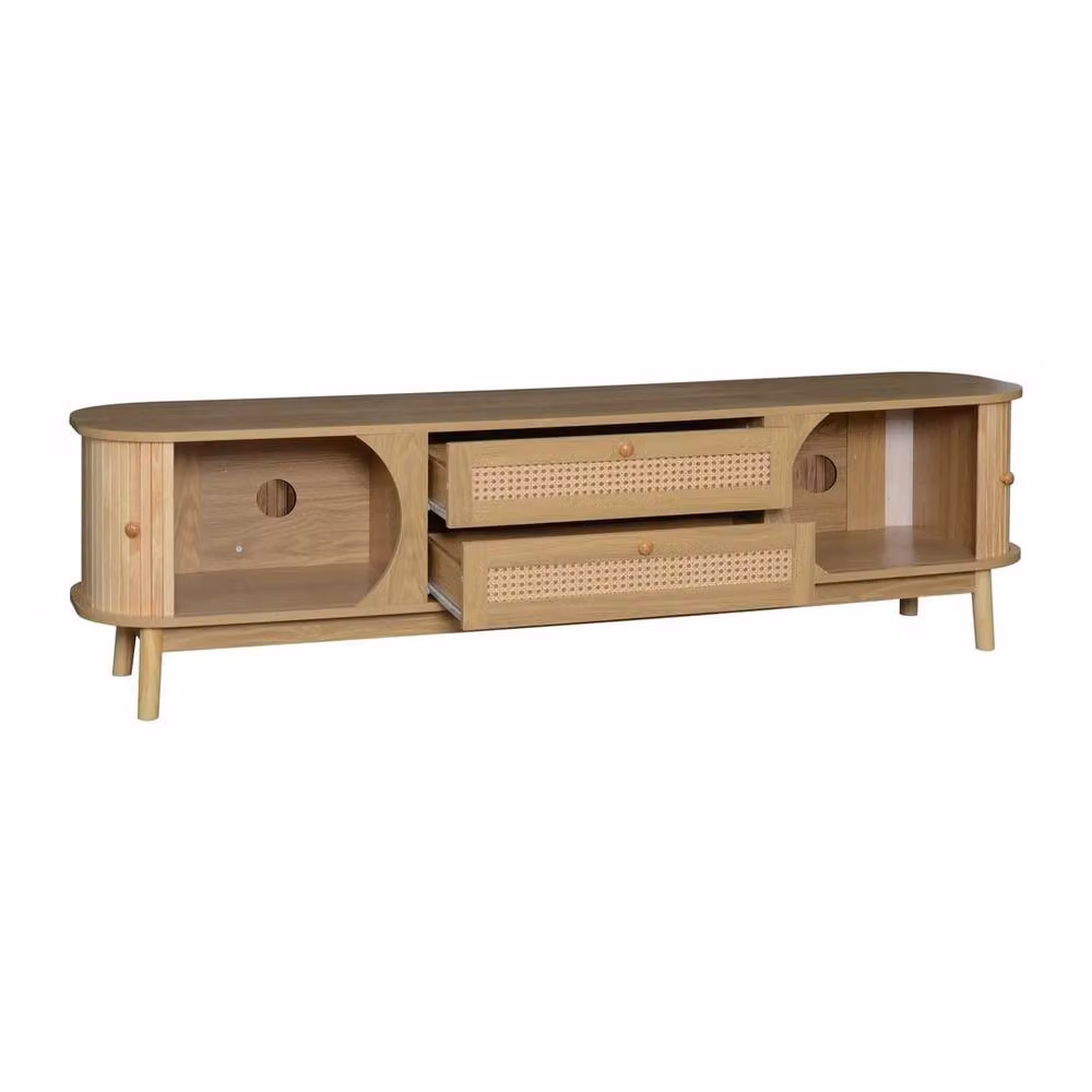 FORGEVIO Rustic TV Stand Cabinet in Brown and Beige with Wood and Rattan Details, 170 cm – 2