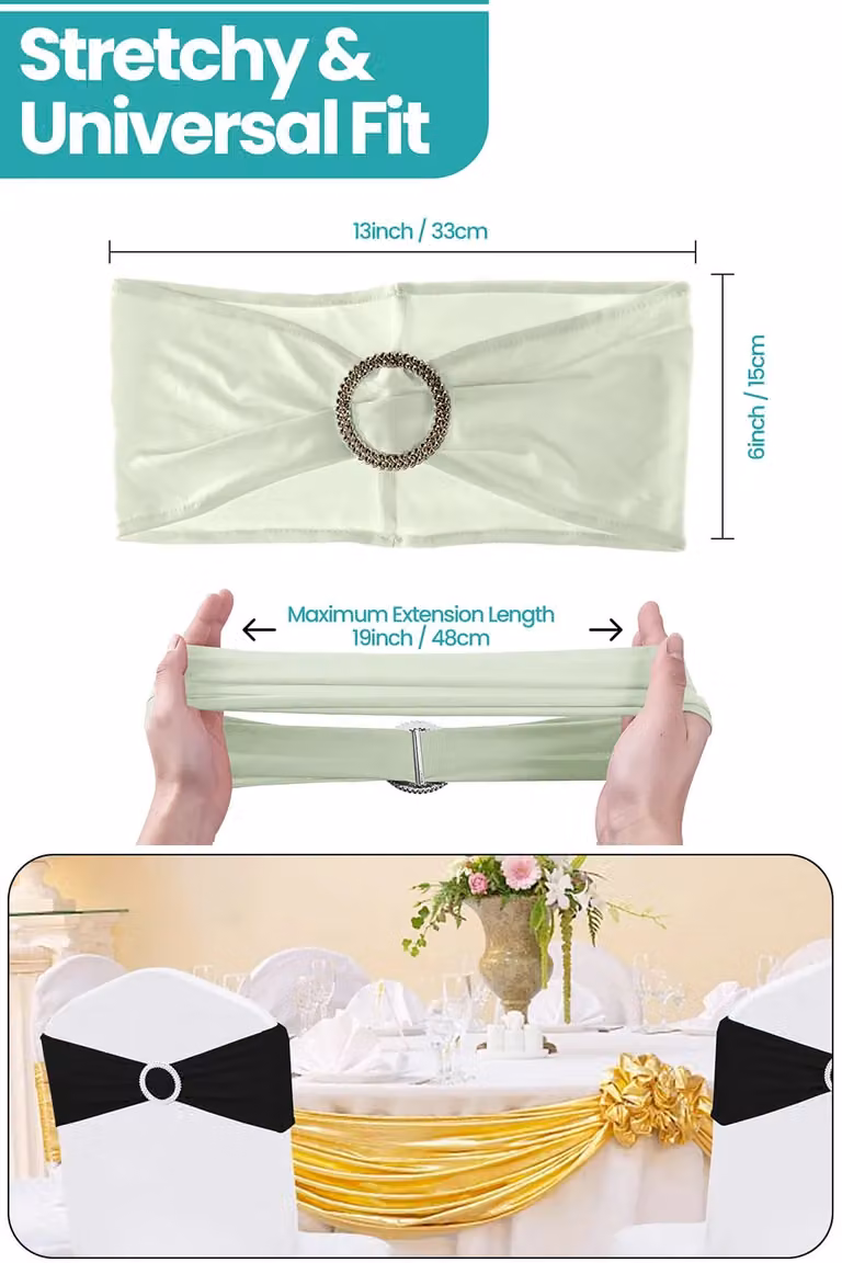 Neel Blue Spandex Chair Bands with Slider Buckle, 10-Piece Set of Stretchy Elastic Chair Sashes in Ivory