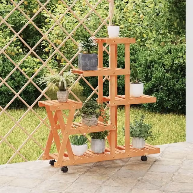 Berkfield Home Retro Flower Stand with Wheels in Brown Solid Wood, W/D/H: 95 x 25 x 101 cm – 1