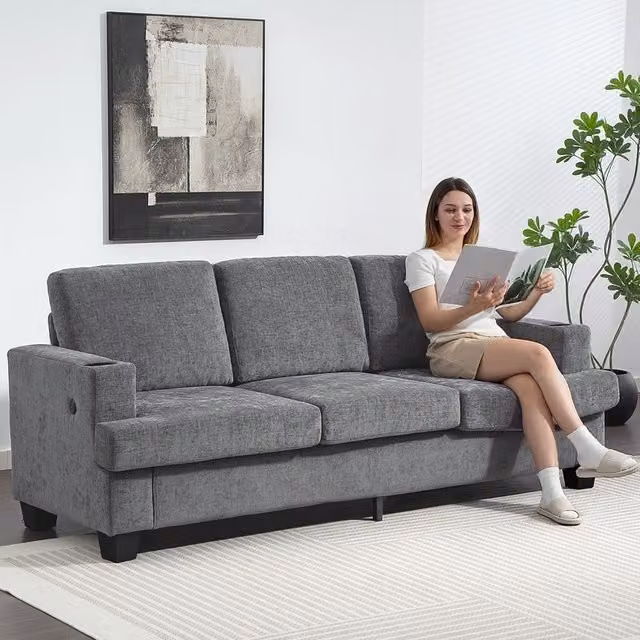 HOMCOM 3 Seater Grey Fabric Sofa with USB Charging Ports and Cup Holders