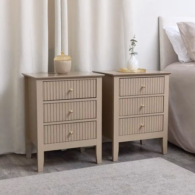 Melody Maison Hales Tan Pair of 3 Drawer Bedside Tables in Beige