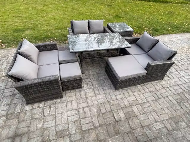 Fimous Wicker Rattan Garden Furniture Set with Oblong Dining Table and Double Seat Sofa in Dark Grey