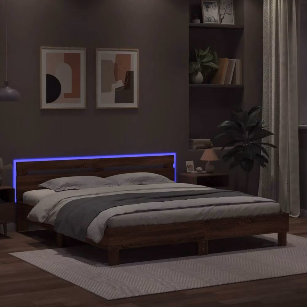 Berkfield Home Modern Super King Bed Frame with Under-Bed LED Lighting in Brown Oak, W/D/H: 180 x 200 x 70 cm – 4