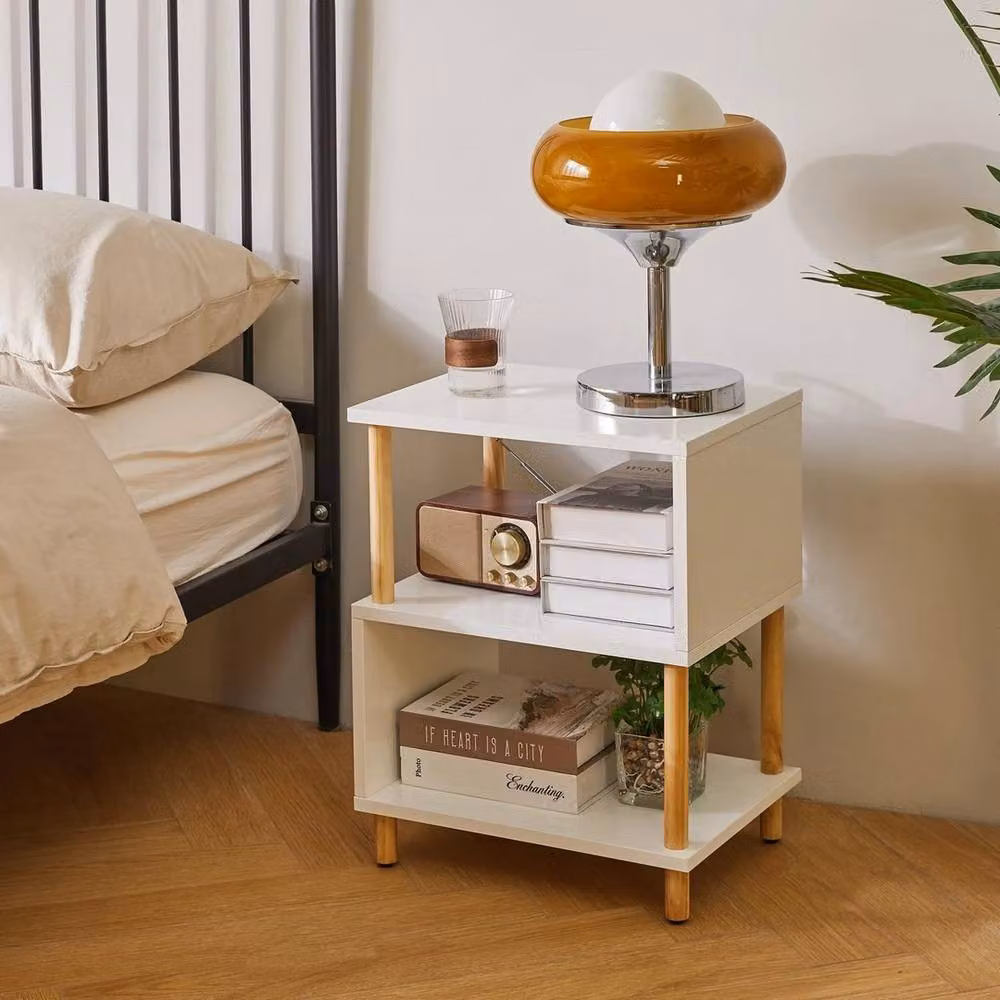 FORGEVIO White Modern Side Table with Wood Legs and Nested Tops, W/D/H: 50.5 x 40.0 x 40.0 cm – 2