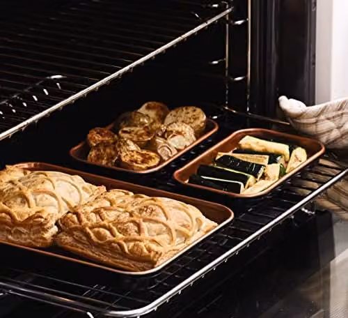 mysmartbuy Cera Titanware One Shelf Baking Tray Set, Copper, 1 Large 18 x 24 cm and 2 Small 9.8 x 16 cm Carbon Steel Non-Stick Baking Sheets