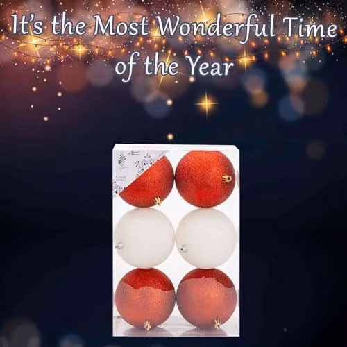 VFM e-Store Set of 6 Round Christmas Bauble Hanging Tree Ornaments in Red and White, 10 cm – 4