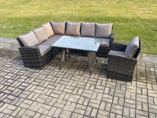 Fimous 7 Seater Rattan Garden Furniture Set with High Back Corner Sofa, Armchairs and Dining Table in Dark Grey