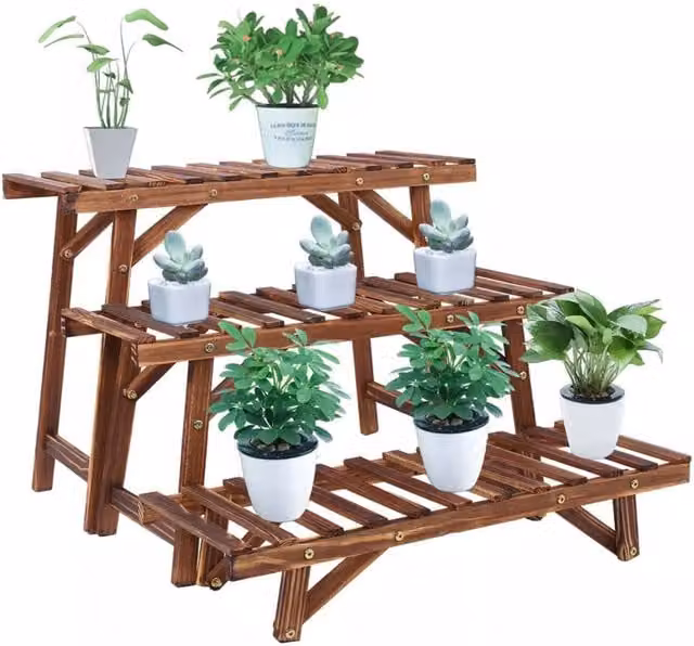 Furnold 3 Tier Brown Lacquered Bamboo Plant Stand with Adjustable Shelves