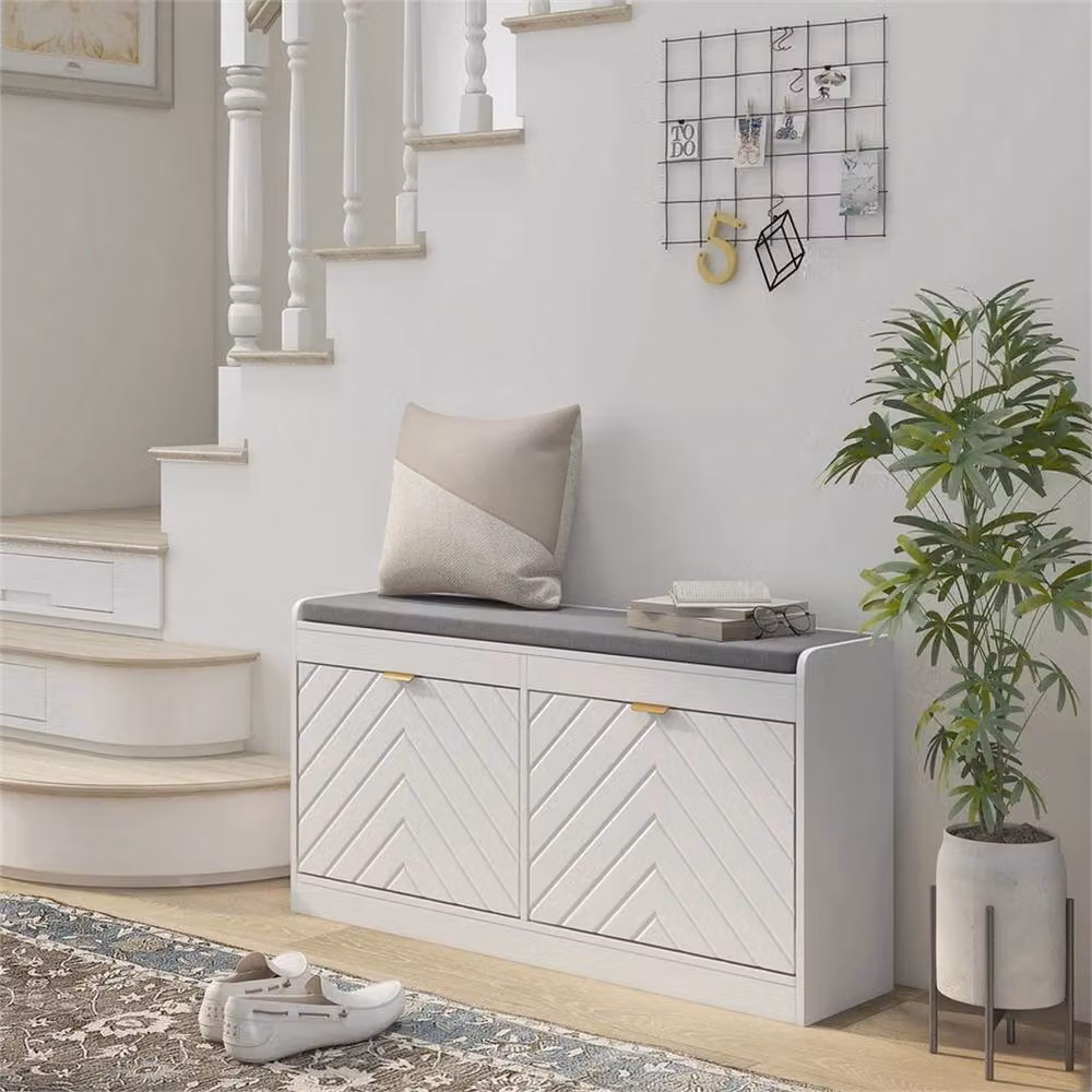 Nordara Modern White and Gold Shoe Bench with Fabric Cushion and 2 Flip Drawers for your Hallway – 2