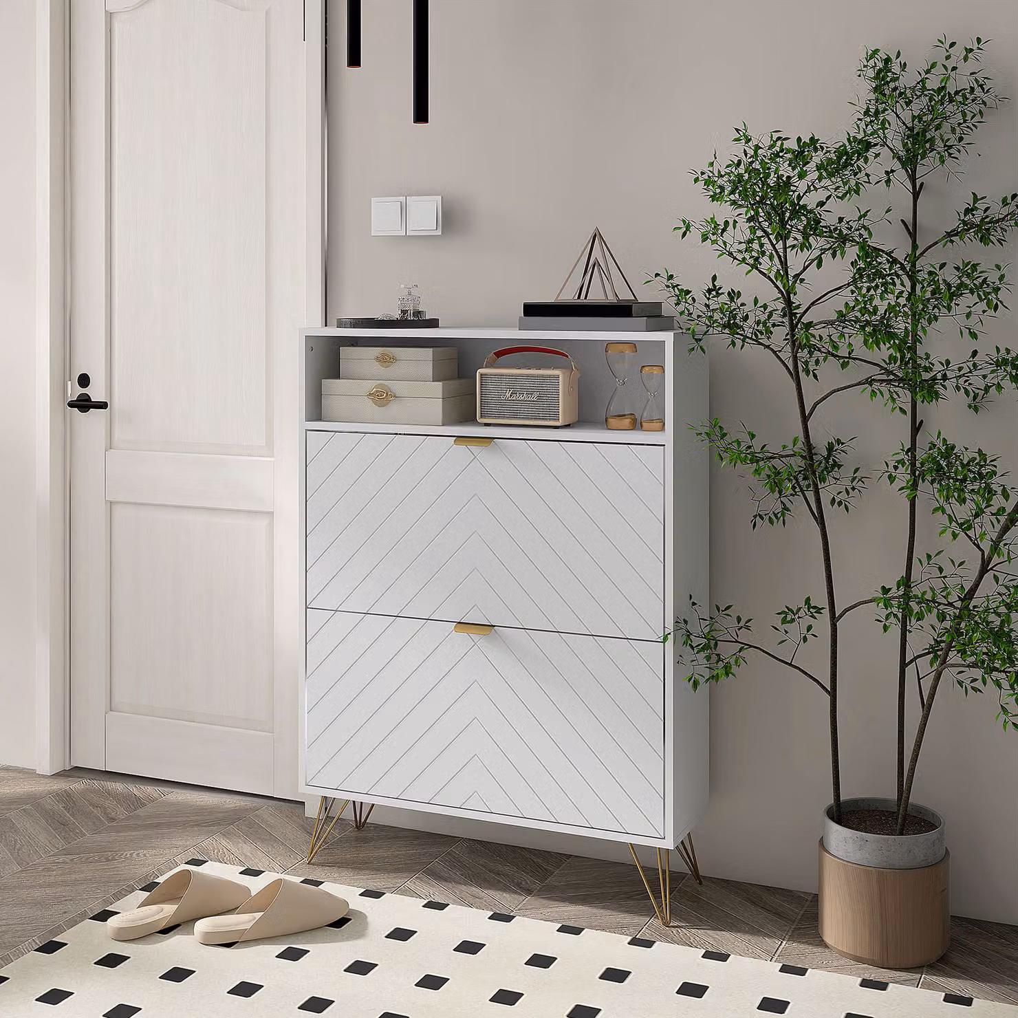 HOMCOM Modern White and Gold Shoe Storage Cabinet with 2 Tilting Compartments for 12 Pairs – 2