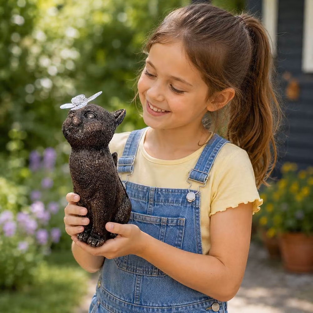 Marco Paul Solar Garden Cat Ornament with Butterfly in Bronze – 6