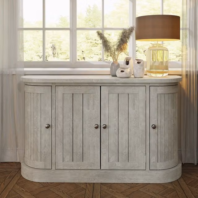 FWStyle Lime Washed Pine Curved 4 Door Sideboard in White and Grey