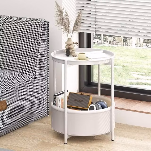Huhote Round 2-Tier Side Table with Fabric Basket in White