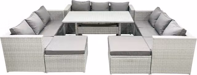 Fimous 11 Seater Rattan Garden Furniture Set with Rectangular Dining Table and 2 Large Footstools in Light Grey
