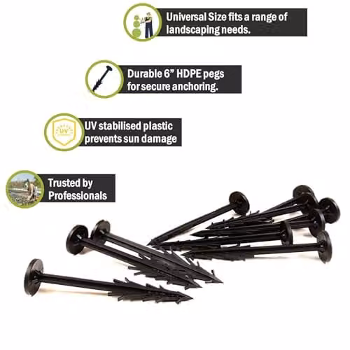 PegDev Heavy Duty 6 inch Black Plastic Landscaping Pegs for Weed Control Membrane, Pack of 15 – 3